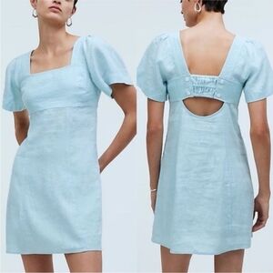Madewell 100% LINEN Square Neck Light Blue Mini Dress Womens Size 8